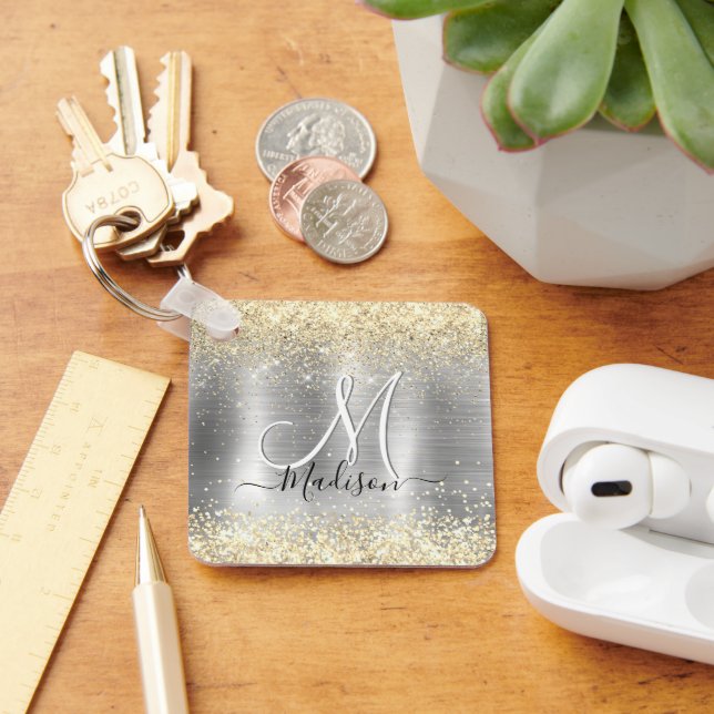 Chic brushed metal silver gold faux glitter key ring (Desk)