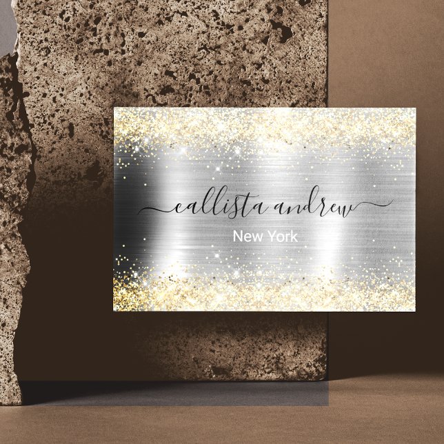 Chic brushed metal silver gold faux glitter 	Magnetic business card (Creator Uploaded)