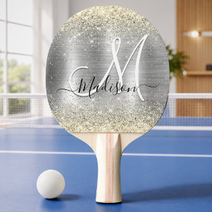 Chic brushed metal silver gold faux glitter ping pong paddle