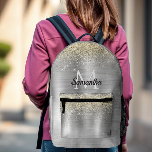 Chic brushed metal silver gold faux glitter printed backpack