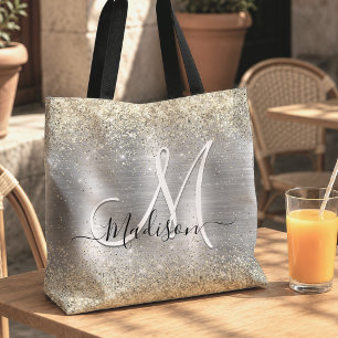 Chic brushed metal silver gold faux glitter tote bag