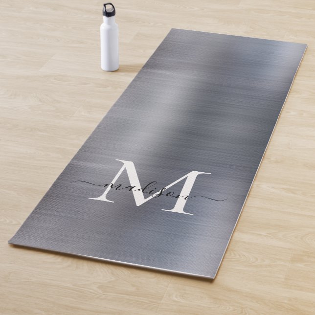 Chic Brushed Metallic Silver Grey Monogram Script Yoga Mat (In Situ)