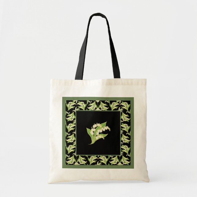 Chic Budget Tote Bag: Lilies of the Valley, Black (Front)