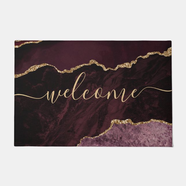 Chic Burgundy Agate Gold Glitter Script Welcome Doormat (Front)