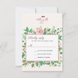 Chic Burgundy and Blush Floral Monogrammed Wedding RSVP Card
