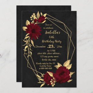 Chic burgundy and gold black birthday party invitation