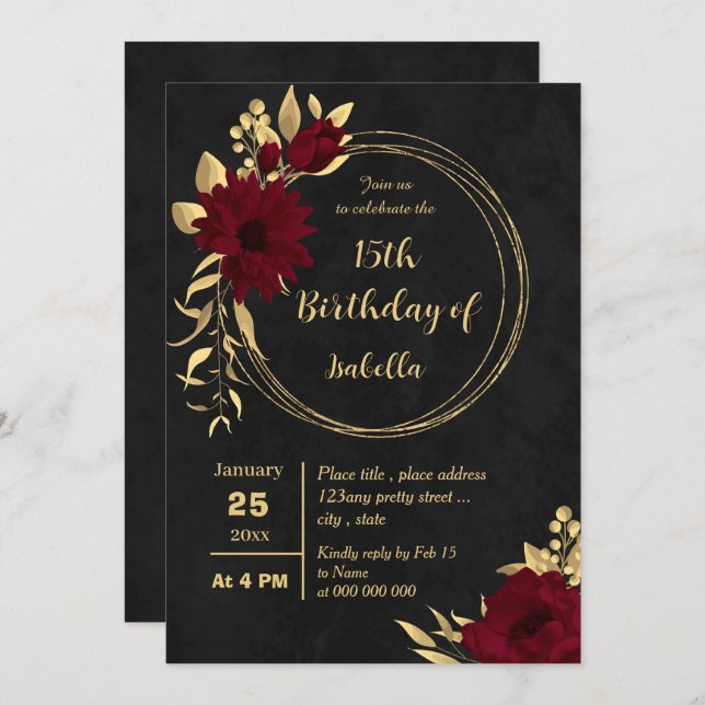 Chic burgundy and gold black birthday party invitation (Front/Back)