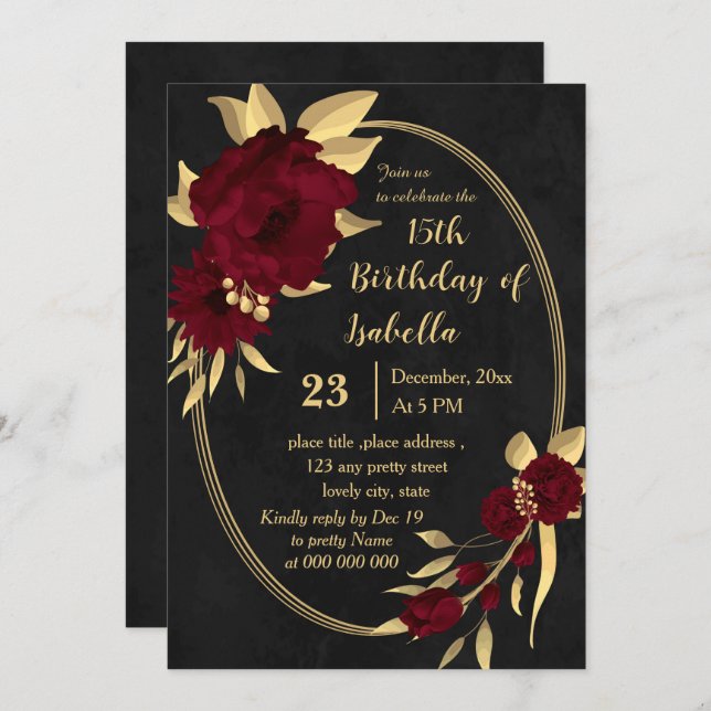 Chic burgundy and gold black birthday party invitation (Front/Back)