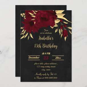 Chic burgundy and gold black birthday party invitation
