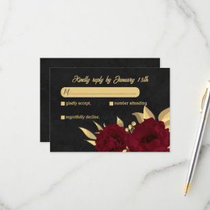 Chic burgundy and gold black botanical wedding RSVP card