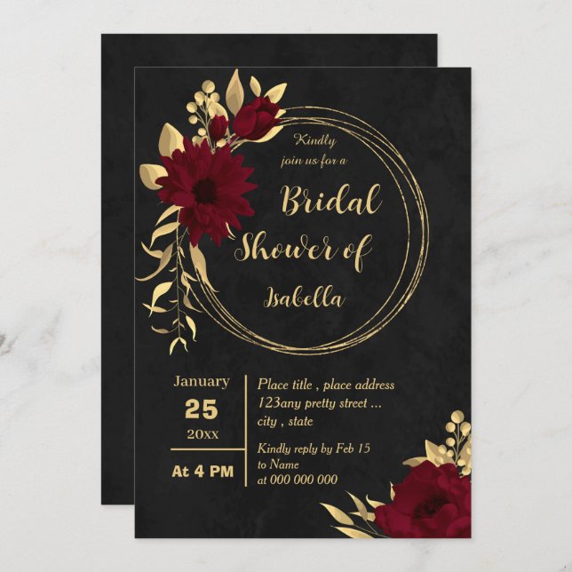 Chic burgundy and gold black bridal shower invitation (Front/Back)