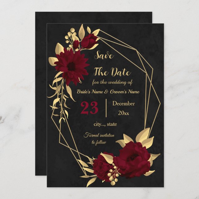 Chic burgundy and gold black geometric save the date (Front/Back)