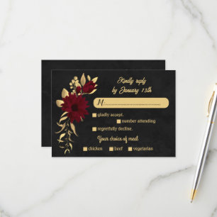 Chic burgundy and gold black meal choice wedding RSVP card