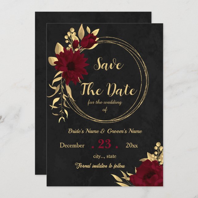 Chic burgundy and gold black  save the date (Front/Back)