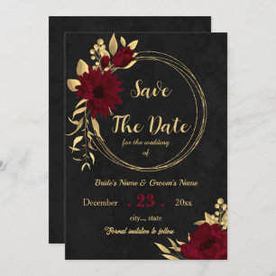 Chic burgundy and gold black save the date