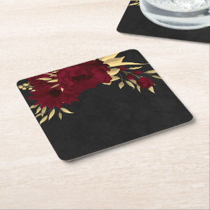 Chic burgundy and gold black square paper coaster