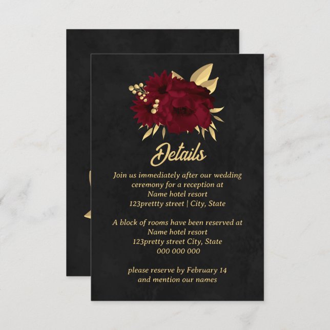Chic burgundy and gold black wedding enclosure card (Front/Back)