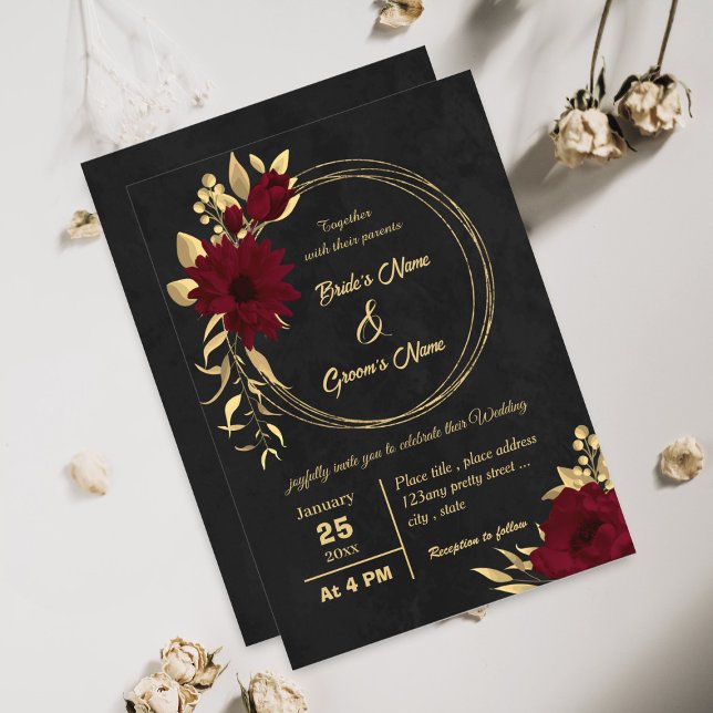 Chic burgundy and gold black wedding invitation (Creator Uploaded)