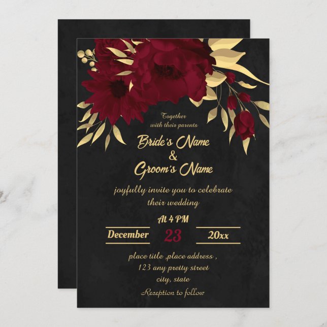 Chic burgundy and gold black wedding invitation (Front/Back)