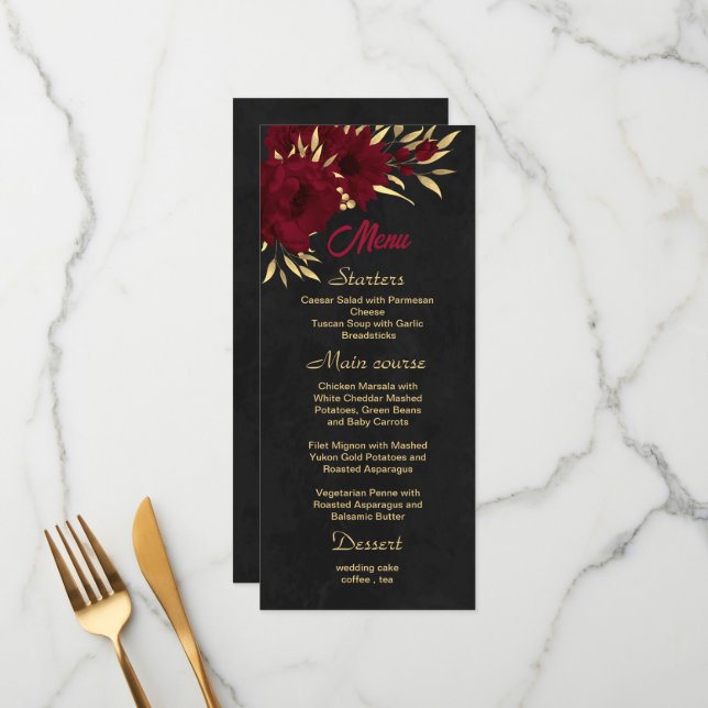 Chic burgundy and gold black wedding menu (Front/Back In Situ)