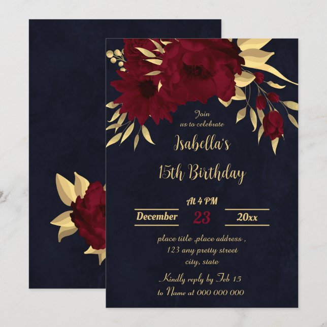 Chic burgundy and gold navy birthday party invitation (Front/Back)