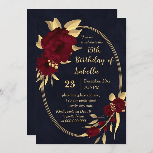 Chic burgundy and gold navy birthday party invitation (Front/Back)