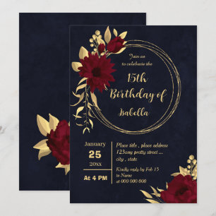 Chic burgundy and gold navy birthday party invitation