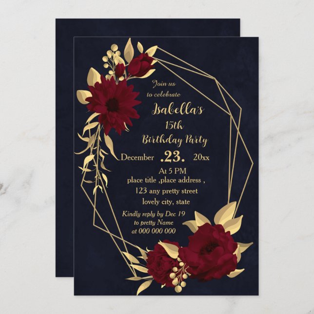 Chic burgundy and gold navy birthday party invitation (Front/Back)