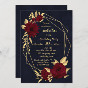 Chic burgundy and gold navy birthday party invitation
