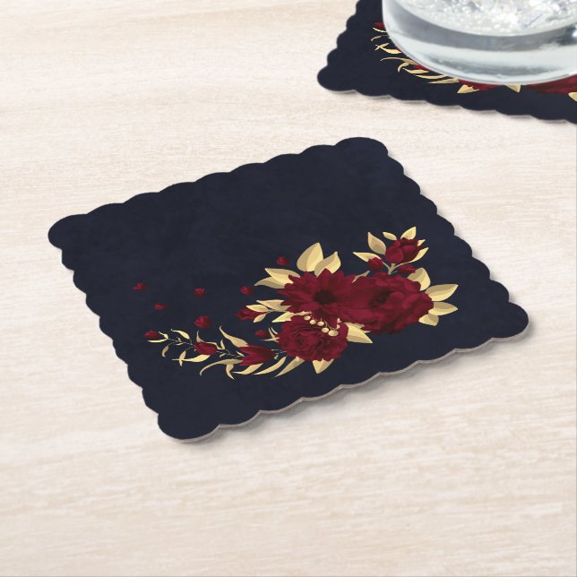 Chic burgundy and gold navy blue paper coaster (Angled)