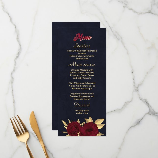 Chic burgundy and gold navy blue wedding menu (Front/Back In Situ)