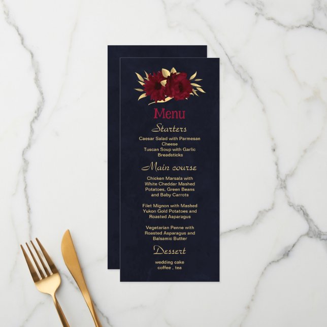Chic burgundy and gold navy blue wedding menu (Front/Back In Situ)