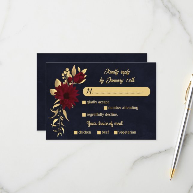 Chic burgundy and gold navy meal choice wedding RSVP card (Front/Back In Situ)