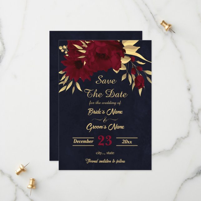 Chic burgundy and gold navy save the date (Front/Back In Situ)