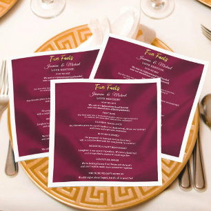 Chic Burgundy and Gold Script Wedding Fun Facts   Napkin