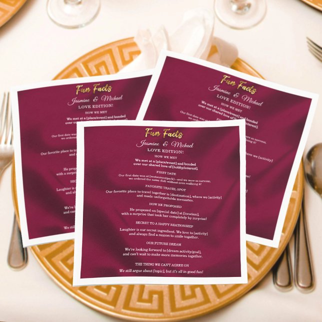 Chic Burgundy and Gold Script Wedding Fun Facts   Napkin (Creator Uploaded)