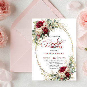 Chic Burgundy and White Roses Gold Bridal Shower Invitation