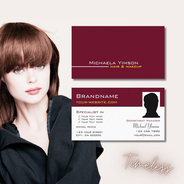 Chic Burgundy and White with Photo Professional Business Card (Creator Uploaded)