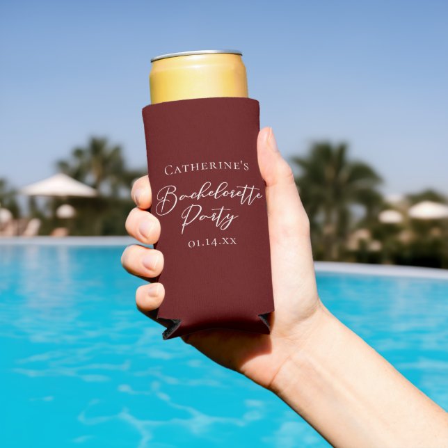 Chic Burgundy Bachelorette Party Personalised Seltzer Can Cooler (In Situ Pool)