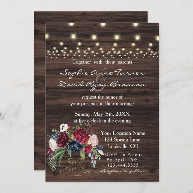 Chic Burgundy Blue Flowers Old Barn Wedding Invitation (Front/Back)