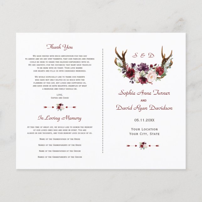 Chic Burgundy Blush Floral Antlers Wedding Program Flyer (Front)
