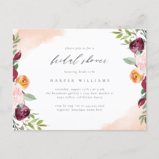 Chic Burgundy Blush Floral Botanical Bridal Shower Invitation Postcard