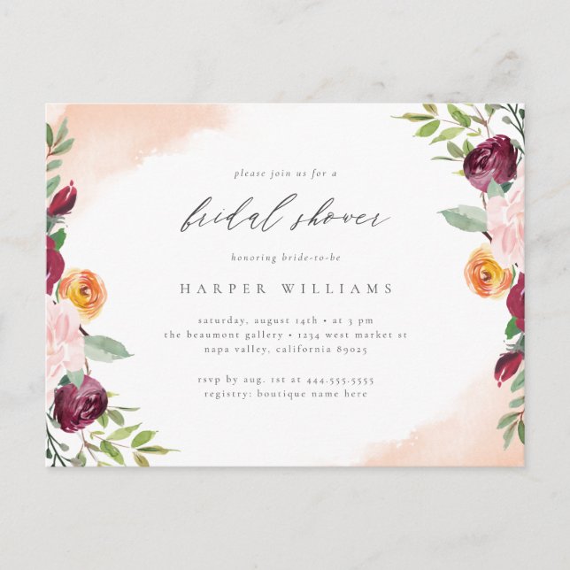 Chic Burgundy Blush Floral Botanical Bridal Shower Invitation Postcard (Front)