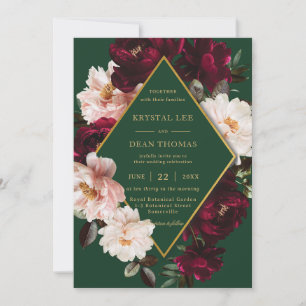 Chic Burgundy Blush Floral Peonies Emerald Wedding Invitation