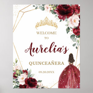 Chic Burgundy Blush Floral Quinceañera Welcome  Poster