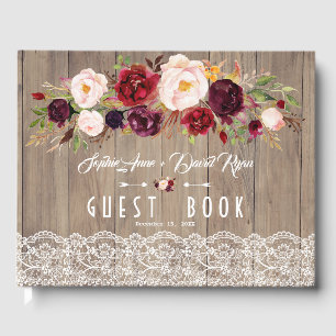 Chic Burgundy Blush Flowers Lace Wood Wedding Guest Book