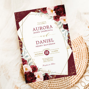 Chic Burgundy Blush Gold Floral Geometric Wedding Invitation