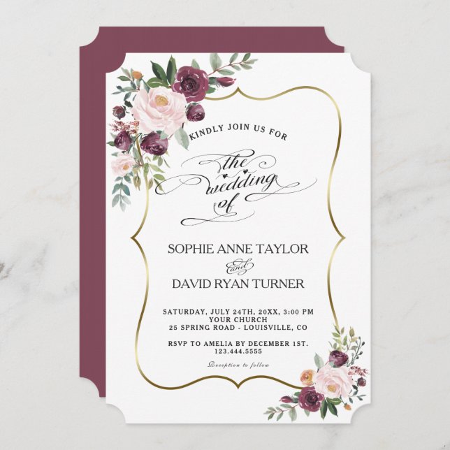 Chic Burgundy Blush Ivory Floral Maroon Wedding Invitation (Front/Back)