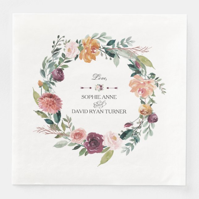 Chic Burgundy Blush Ivory Floral Wreath Wedding Napkin (Front)