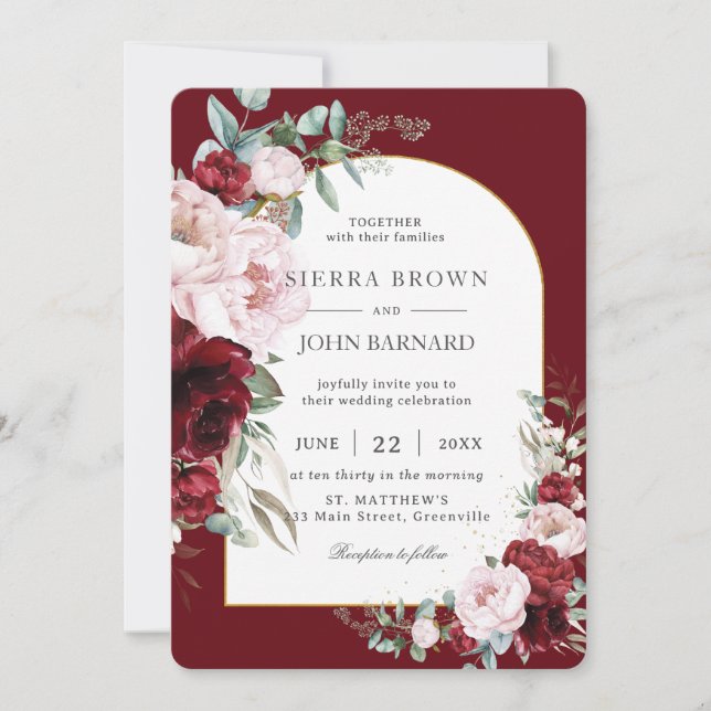 Chic Burgundy Blush Peonies Floral Arch Wedding Invitation (Front)